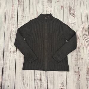 Ralph Lauren Sweater Women L Gray Zip Mock Neck Ribbed Knit Cotton VTG Y2K